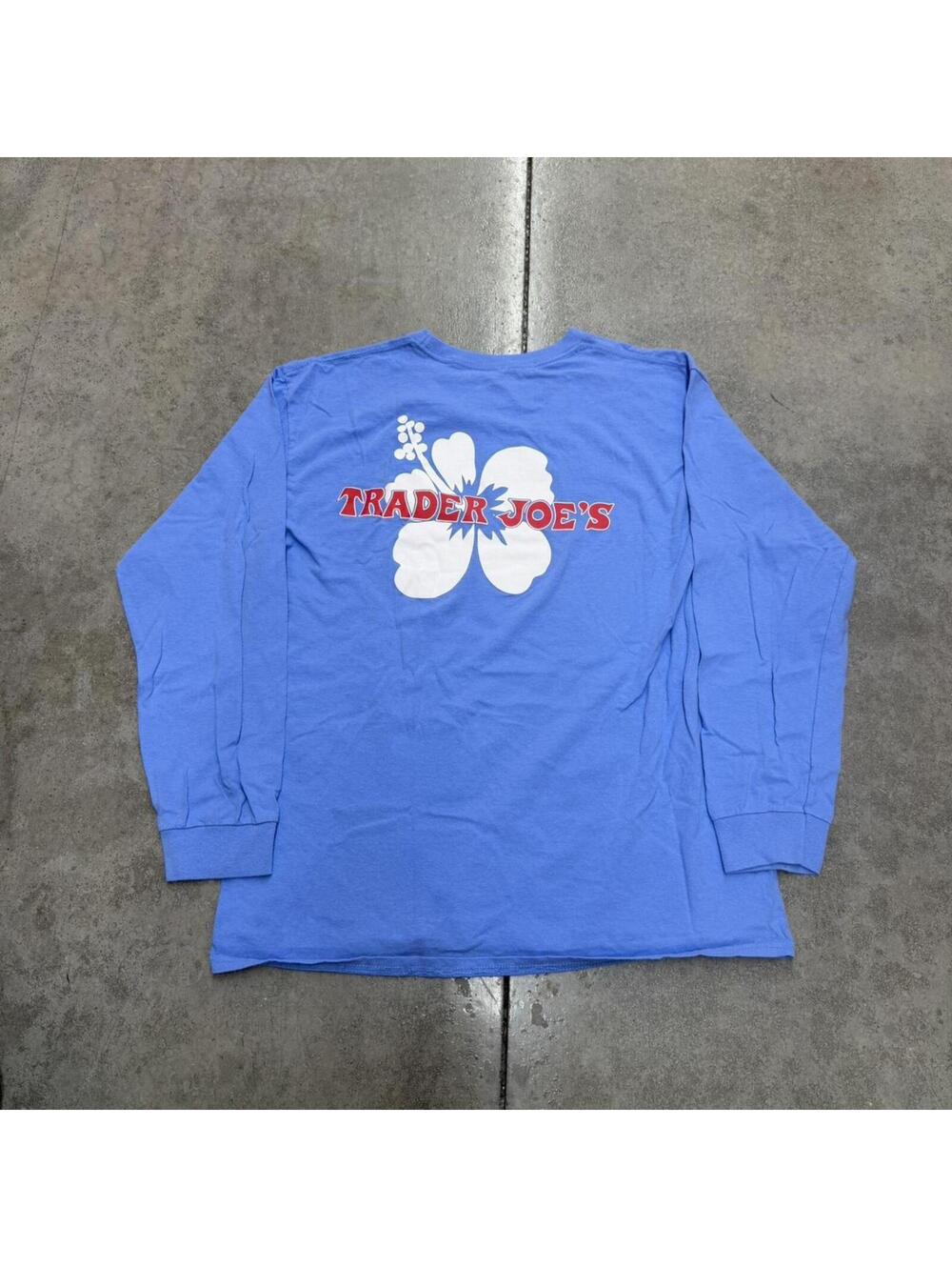 vintage trader joes baby blue big logo super market grocery store shirt large